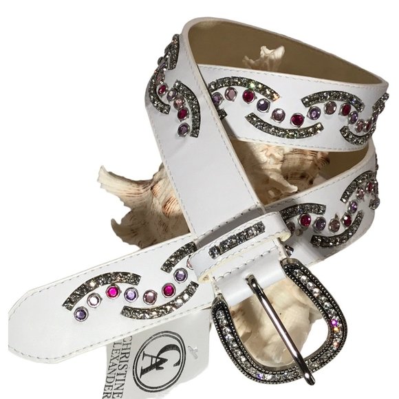 Christine Alexander Medium White Leather SWAROVSKI Bling BELT Western PINK FUSCH main image 9